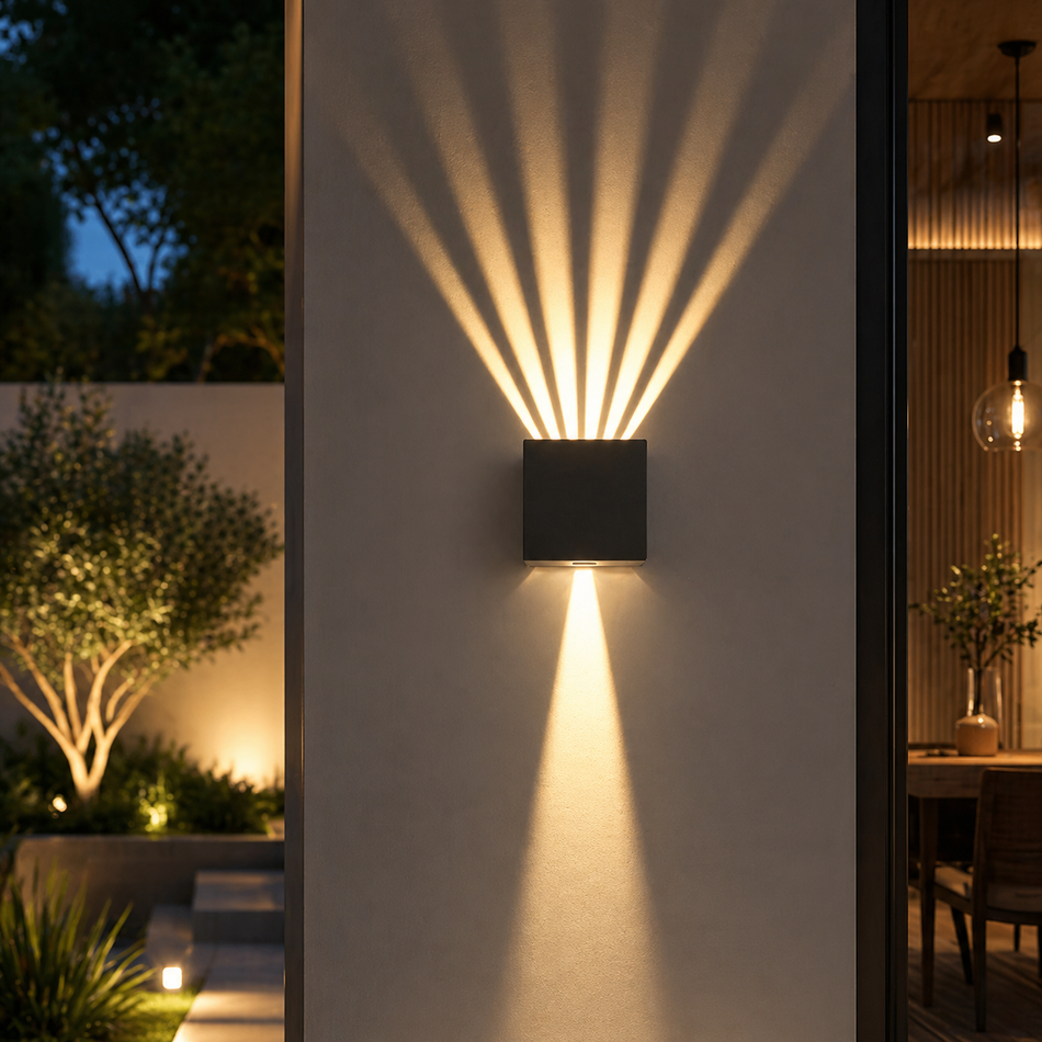 LED Außen-Wandleuchte Würfel, IP55, 6W, Auf-Ab-Licht, Schwarz