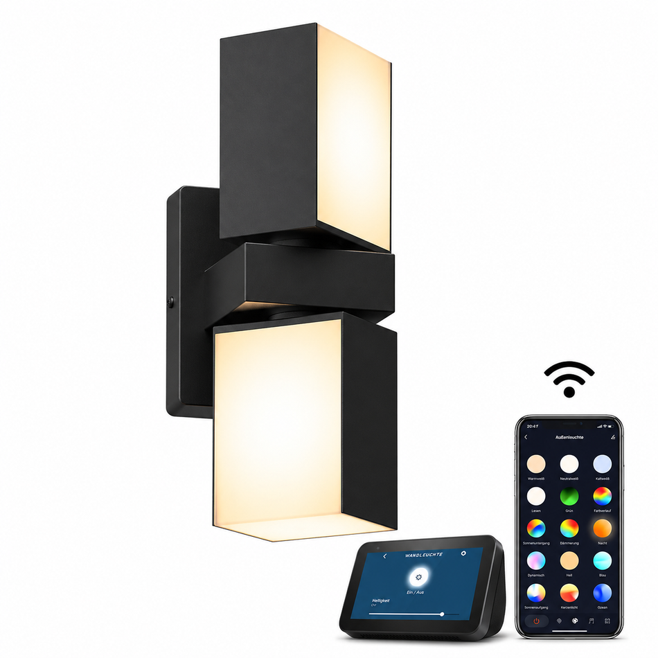 Smart RGB Wandleuchte Außen, WiFi & Alexa, IP65, Doppelkopf schwenkbar